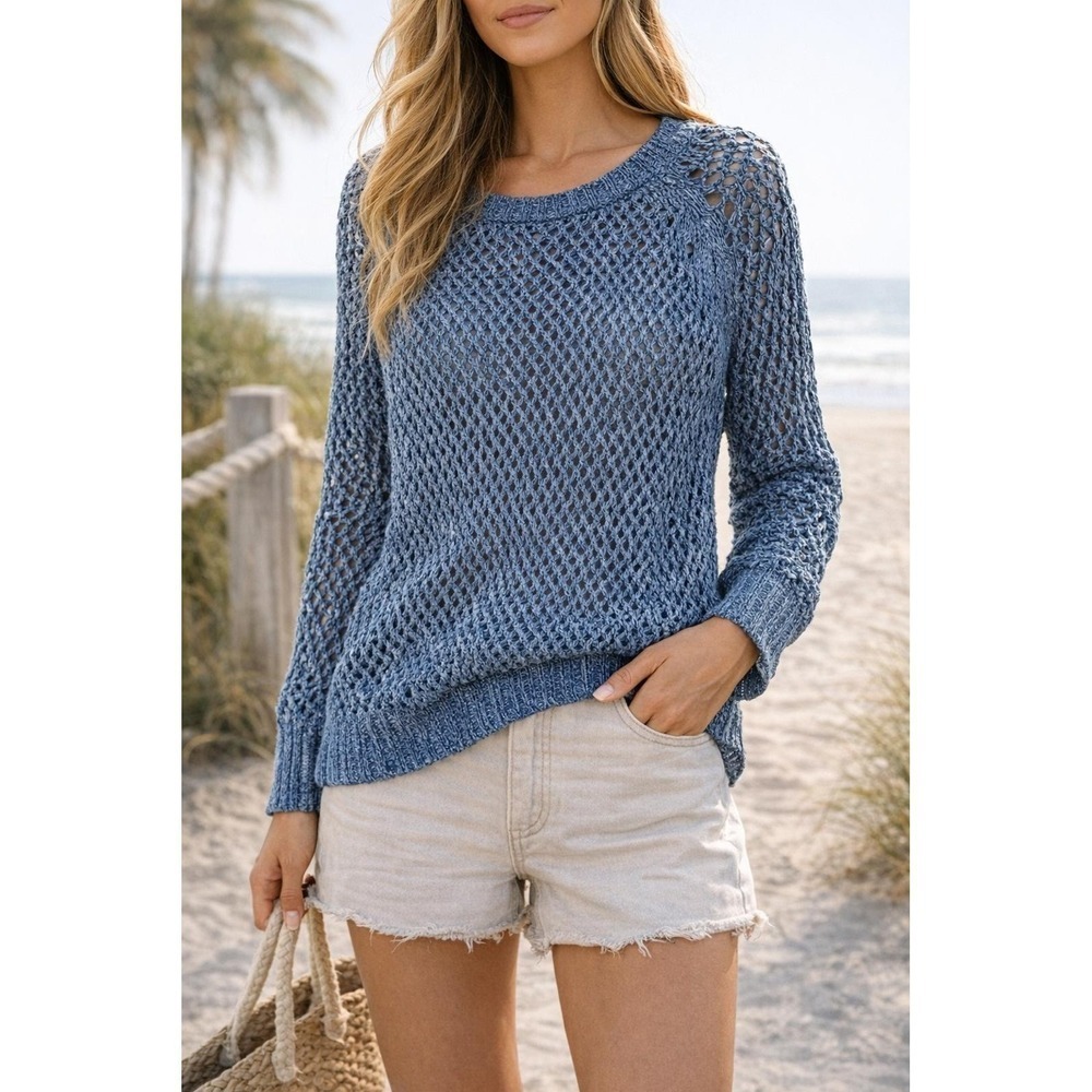 7 Sisters Open Mesh Crochet Knit Sweater Blue Size Small Boho Beach Cover Up